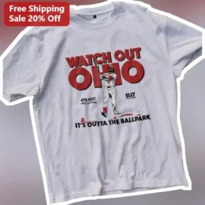 Watch Out Ohio It's Outta The Ballpark Elly De La Cruz Cincinnati Reds Baseball Fan Graphic Tee available at our Los Angeles warehouse