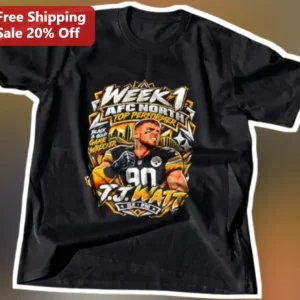 Week 1 AFC North Top Performer Black Gold Game Wrecker T.J. Watt Tee available at our Los Angeles warehouse