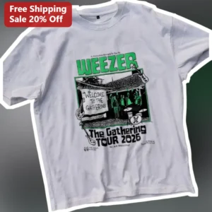 Weezer The Gathering Tour 2026 Vintage Rock Band Merch Graphic Tee available at our Los Angeles warehouse