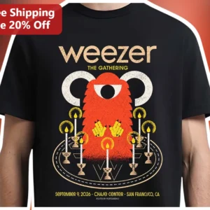 Weezer The Gathering Tour Merch Graphic Tee Retro Concert Poster Shirt available at our Los Angeles warehouse