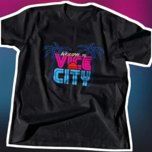 Welcome to Vice City Tee Retro 80s Synthwave Neon Palm Tree Graphic T-Shirt for Gamers available at our Los Angeles warehouse