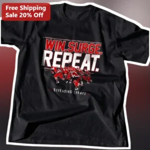 Win. Surge. Repeat. Defending Champs Tee Carolina Hockey Championship Celebration Shirt available at our Los Angeles warehouse