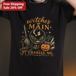 Witches on Main St Charles MO Tee Vintage Halloween Witchy Graphic Shirt available at our Los Angeles warehouse