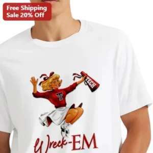 Wreck-EM Texas Tech Red Raiders Retro Pin-Up Cheerleader Graphic Tee Game Day Shirt available at our Los Angeles warehouse