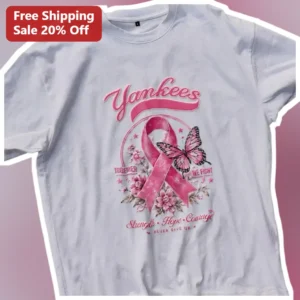 Yankees Together We Fight Strength Hope Courage Never Give Up Pink Ribbon Awareness Tee available at our Los Angeles warehouse