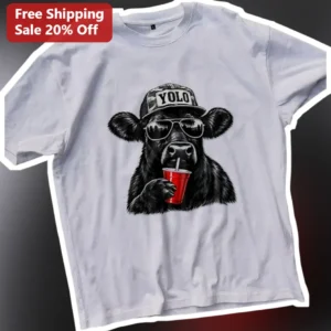 YOLO Tee Funny Cow Sunglasses Camo Hat Graphic Shirt Gift for Farmers Animal Lovers available at our Los Angeles warehouse