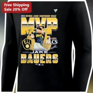 2026 National League Championship Series MVP Jake Bauers Long Sleeve Tee Milwaukee Brewers Fan Gear available at our Los Angeles warehouse