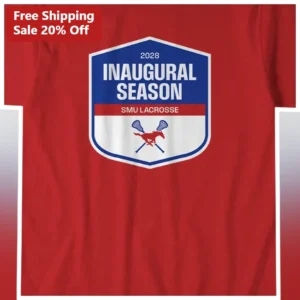 2028 Inaugural Season SMU Lacrosse Tee College Mustangs Apparel available at our Los Angeles warehouse