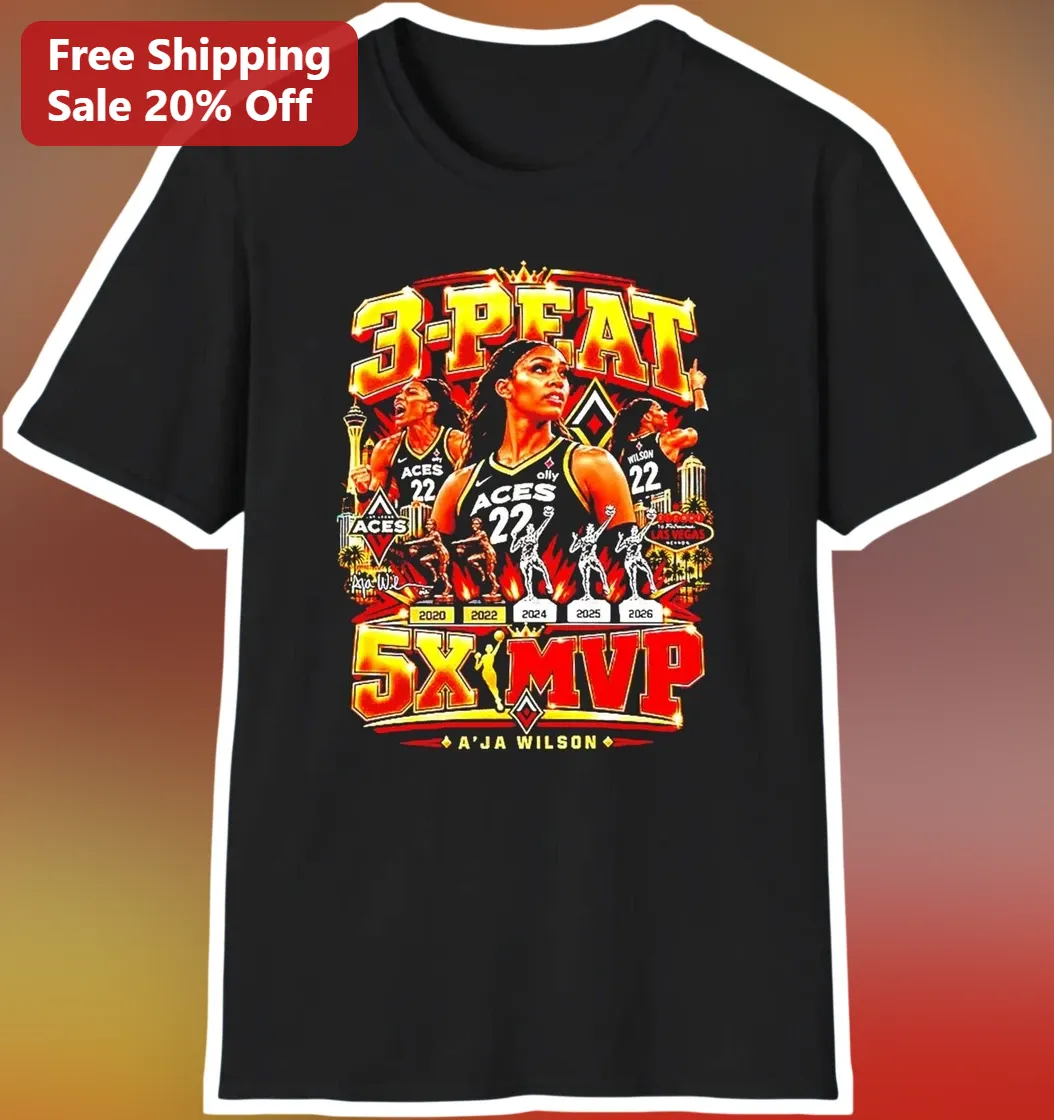 3-Peat 5X MVP A'Ja Wilson Las Vegas Aces WNBA Champion Graphic Tee available at our Los Angeles warehouse