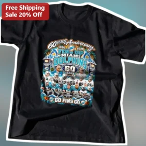 60 Years Anniversary Miami Dolphins Fins Up Go Fins Go Tee available at our Los Angeles warehouse