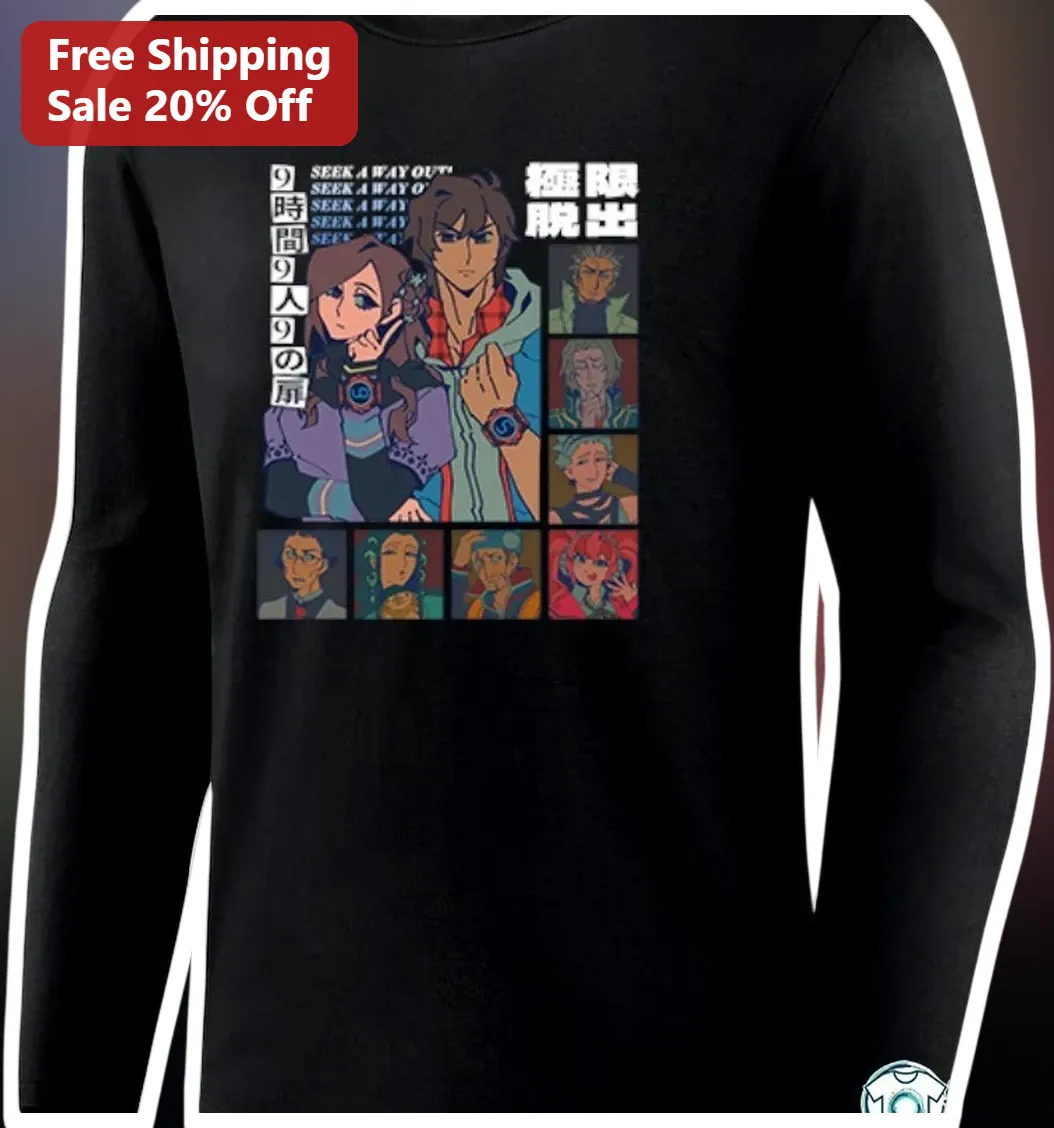 9時間9人9の扉 SEEK A WAY OUT Zero Escape Long Sleeve Tee — Los Angeles 9時間9人9の扉 SEEK A WAY OUT Zero Escape Long Sleeve Tee available at our Los Angeles warehouse