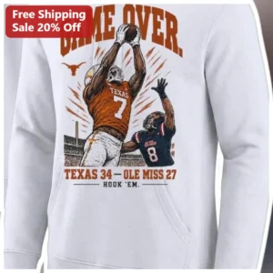 GAME OVER. TEXAS 34 OLE MISS 27 HOOK 'EM. Vintage Football Hoodie available at our Los Angeles warehouse