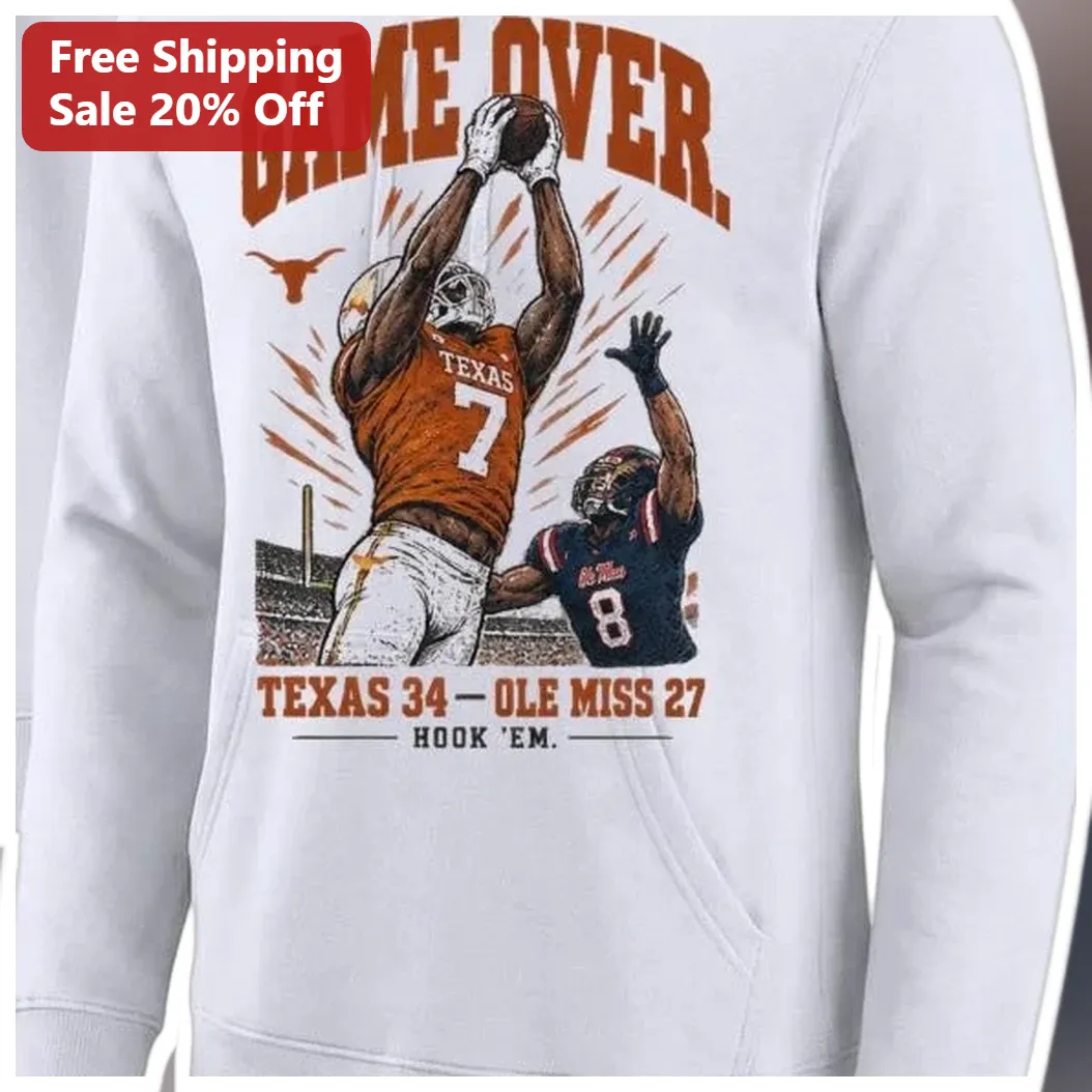 GAME OVER. TEXAS 34 OLE MISS 27 HOOK 'EM. Vintage Football Hoodie available at our Los Angeles warehouse