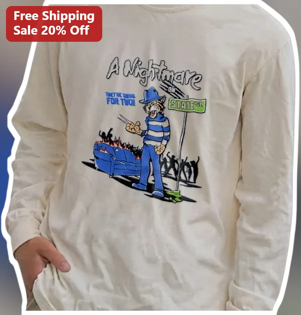 A Nightmare on State St. Long Sleeve Tee Freddy Krueger Cat Parody Horror Shirt available at our Los Angeles warehouse