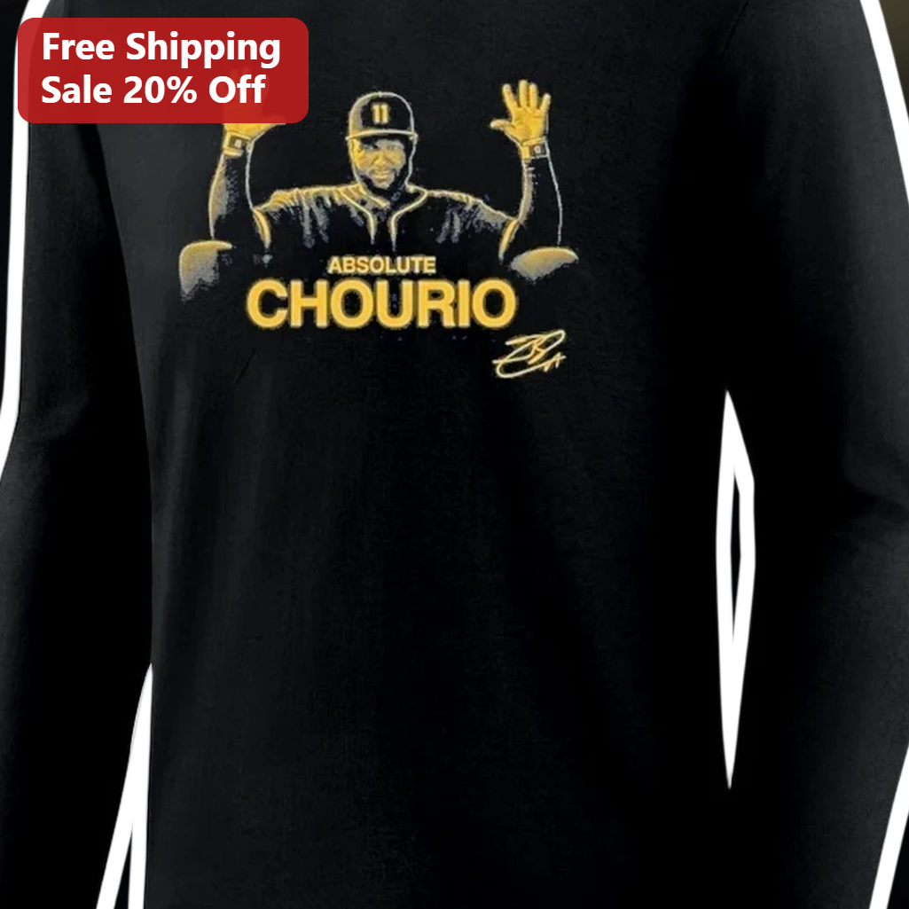 ABSOLUTE CHOURIO Long Sleeve Shirt Carlos Correa Baseball Fan Gear Black Gold Graphic Tee available at our Los Angeles warehouse