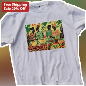 African Women Cooking Illustration Tee Cultural Heritage Art Shirt for Black Women available at our Los Angeles warehouse