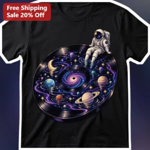 Astronaut Vinyl Record Galaxy Space Tee Surreal Cosmic Music Lover Graphic Shirt Gift for Audiophile available at our Los Angeles warehouse