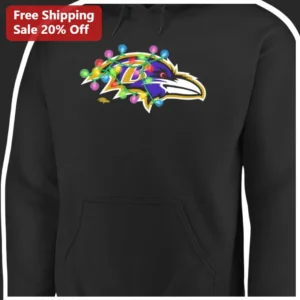 Baltimore Ravens Hoodie Christmas Lights Logo Pullover Black Fleece Holiday Gift for Men Women NFL F available at our Los Angeles warehouse