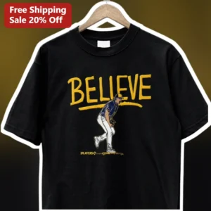 Believe Vintage Baseball Pitcher Motivational Graphic Tee for Players and Coaches available at our Los Angeles warehouse