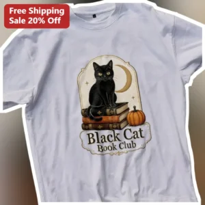 Black Cat Book Club Tee Spooky Autumn Reading Gift for Bibliophiles available at our Los Angeles warehouse