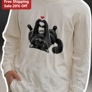Black Cat Heart Paws Long Sleeve Tee Cute Halloween Gift for Cat Lovers available at our Los Angeles warehouse