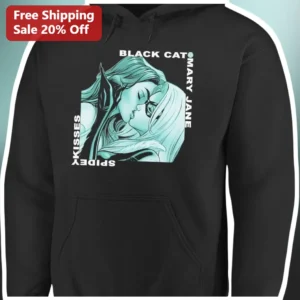 Black Cat Kisses Spidey Mary Jane Hoodie Marvel Comic Couple Fan Art Gift available at our Los Angeles warehouse