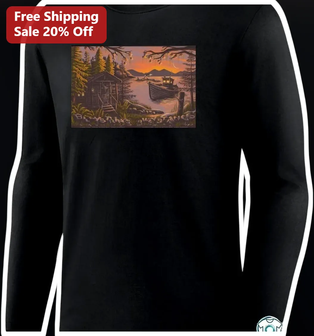 Blessings Stangs Long Sleeve Tee Christian Faith Sunset Lake — Los Angeles Blessings Stangs Long Sleeve Tee Christian Faith Sunset Lake Cabin Graphic Shirt available at our Los Angeles warehouse
