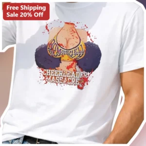 Bombshell Bloodpath Cheerleader Massacre Horror Movie Tee Halloween Slasher Graphic Shirt available at our Los Angeles warehouse