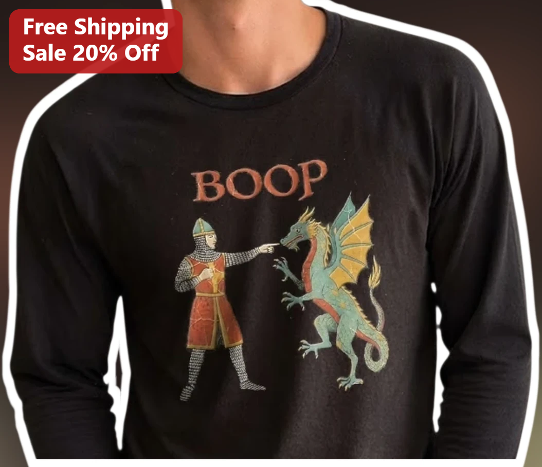 BOOP Medieval Knight Booping Dragon Long Sleeve Shirt Funny — Los Angeles BOOP Medieval Knight Booping Dragon Long Sleeve Shirt Funny Fantasy D&D Apparel available at our Los Angeles warehouse