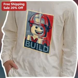 BUILD LEGO Minifigure Vintage Propaganda Style Long Sleeve Shirt Retro Construction Worker Graphic T available at our Los Angeles warehouse