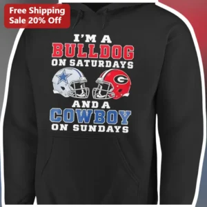 Bulldog Cowboy I'M A BULLDOG ON SATURDAYS AND A COWBOY ON SUNDAYS Hoodie available at our Los Angeles warehouse