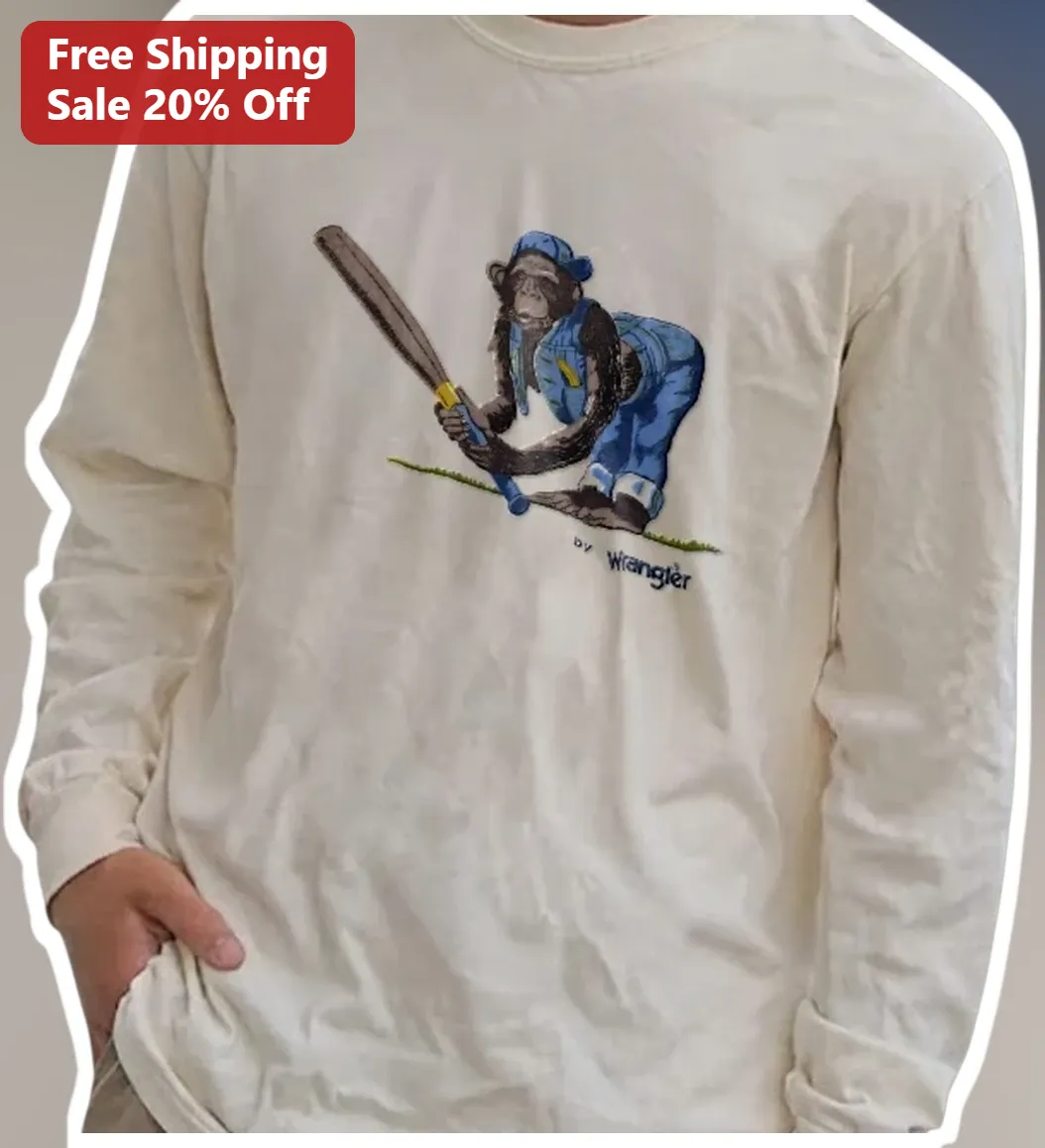 By Wrangler Vintage Chimp Baseball Long Sleeve Tee Retro Monkey Graphic Shirt available at our Los Angeles warehouse