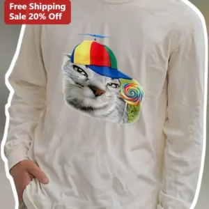Cat with Propeller Beanie and Lollipop Long Sleeve Tee Funny Cat Meme Gift for Women Men available at our Los Angeles warehouse