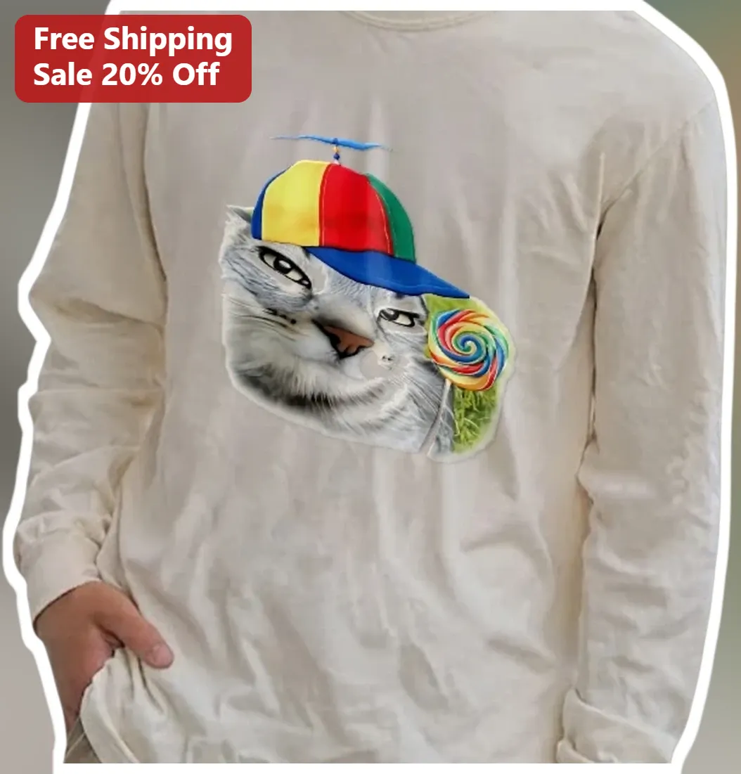 Cat with Propeller Beanie and Lollipop Long Sleeve Tee Funny Cat Meme Gift for Women Men available at our Los Angeles warehouse