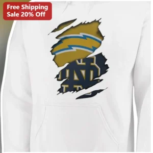 Chargers Notre Dame Ripped Hoodie Distressed LA Chargers ND Fighting Irish Mashup Pullover available at our Los Angeles warehouse
