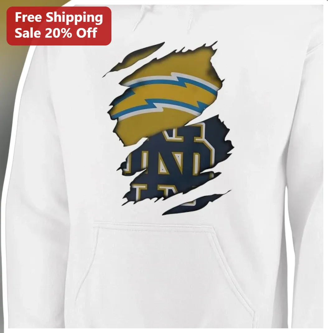Chargers Notre Dame Ripped Hoodie Distressed LA Chargers ND Fighting Irish Mashup Pullover available at our Los Angeles warehouse