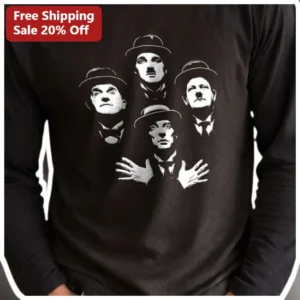 Charlie Chaplin Long Sleeve Shirt Vintage Silent Film Actor Pop Art Portrait Black Cotton Tee for Me available at our Los Angeles warehouse