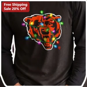 Chicago Bears Long Sleeve Shirt Christmas Lights Logo Graphic NFL Fan Holiday Gift Apparel available at our Los Angeles warehouse