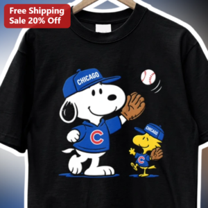Chicago City Snoopy and Woodstock Cubs Fan Tee Black Graphic T-Shirt for Peanuts Lovers available at our Los Angeles warehouse