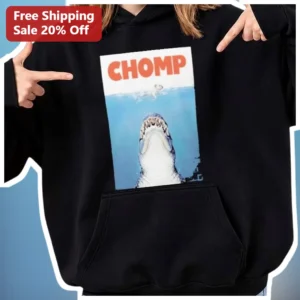 CHOMP Great White Shark Jaws Parody Hoodie Funny Sea Predator Graphic Pullover Gift for Men Women available at our Los Angeles warehouse