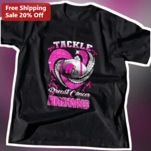 Cleveland Browns Tackle Breast Cancer Awareness Tee NFL Crucial Catch Pink Ribbon Football Fan Gift available at our Los Angeles warehouse