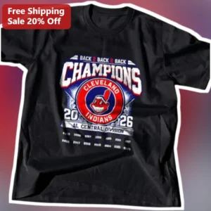 Cleveland Indians Back to Back to Back Champions Tee Vintage AL Central Division Baseball Shirt available at our Los Angeles warehouse