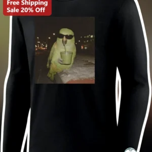 Cool Parrot Drinking Sunglasses Long Sleeve Tee Funny Bird Lover Gift available at our Los Angeles warehouse