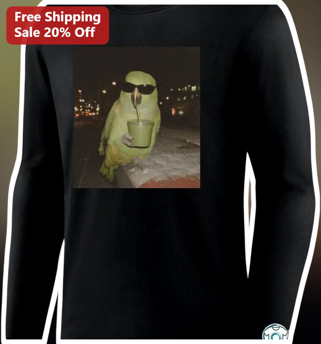 Cool Parrot Drinking Sunglasses Long Sleeve Tee Funny Bird Lover Gift available at our Los Angeles warehouse