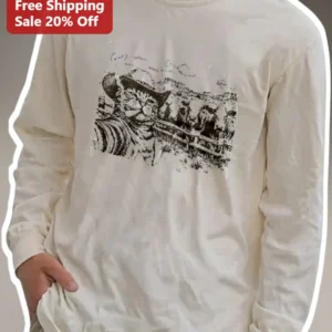 Cowboy Cat Western Long Sleeve Tee Vintage Distressed Graphic Shirt for Men Women available at our Los Angeles warehouse
