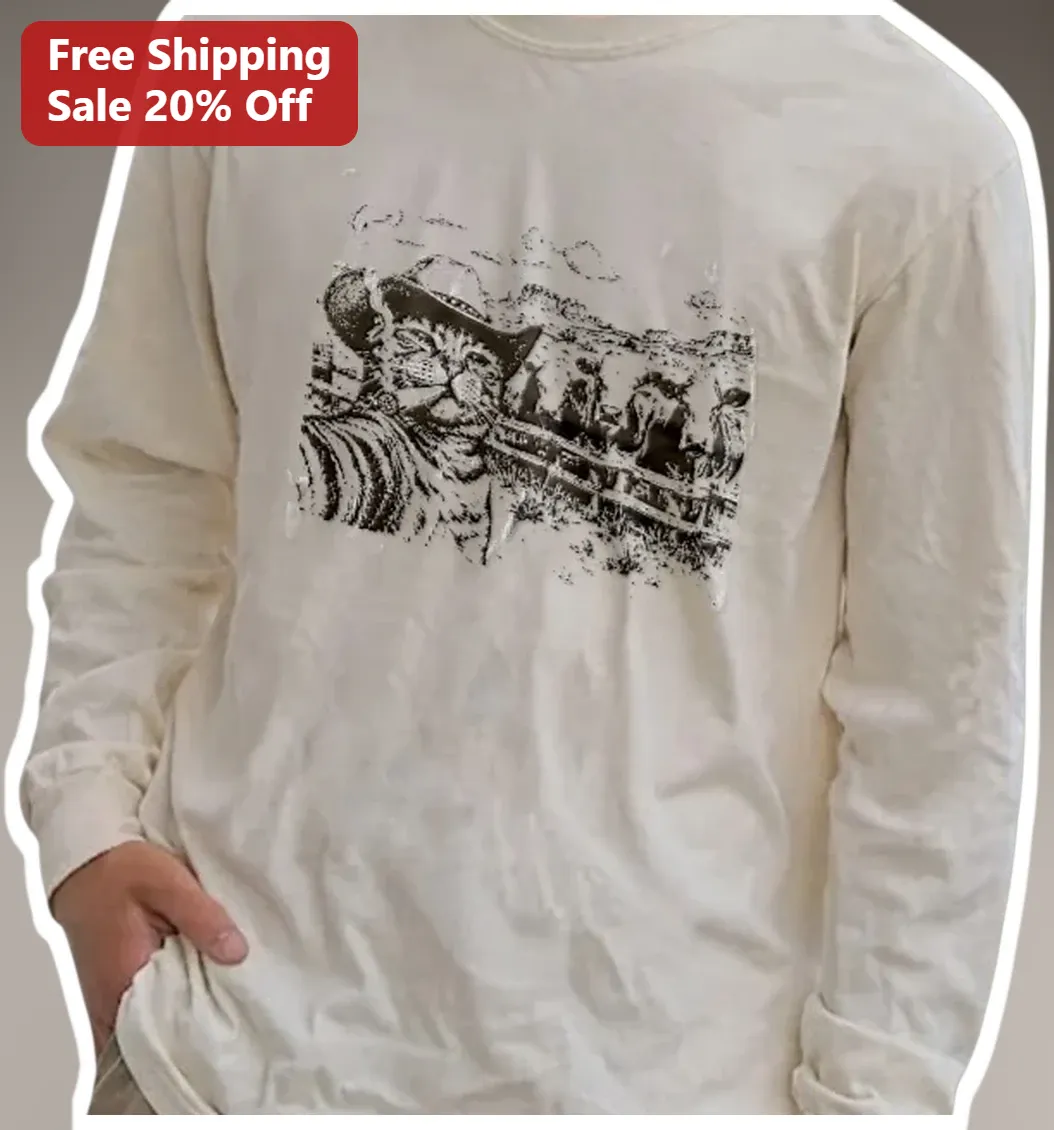 Cowboy Cat Western Long Sleeve Tee Vintage Distressed Graphic Shirt for Men Women available at our Los Angeles warehouse