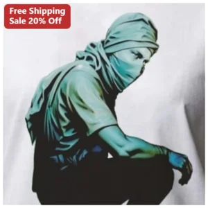 Crouching Masked Figure Streetwear Art Tee Urban Ninja Graphic Shirt available at our Los Angeles warehouse