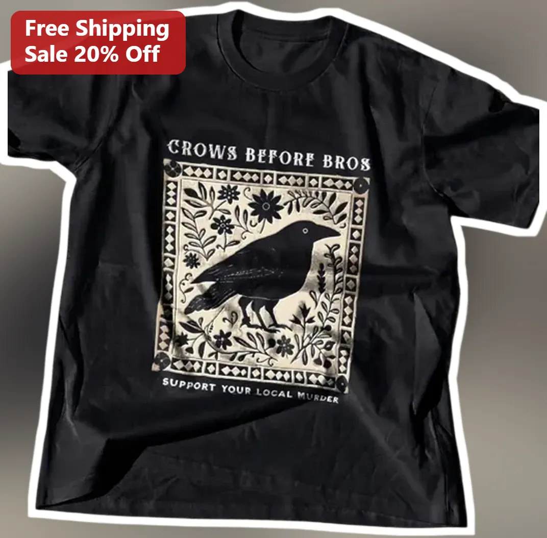 Crows Before Bros Support Your Local Murder Tee Gothic Crow Floral Vintage Woodcut Shirt Gift for Bi available at our Los Angeles warehouse