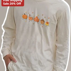 Cute Autumn Fall Characters Long Sleeve Tee Kawaii Pumpkin Maple Leaf Acorn Candy Corn Graphic Shirt available at our Los Angeles warehouse