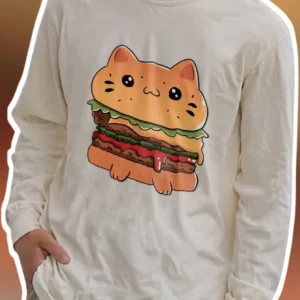 Cute Cat Burger Long Sleeve Tee Kawaii Cartoon Graphic Shirt for Cat Lovers available at our Los Angeles warehouse